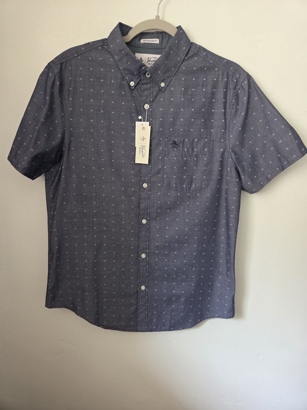 Original Penguin Indigo Blue Short-Sleeve Button-Down with Micro Dot Pattern